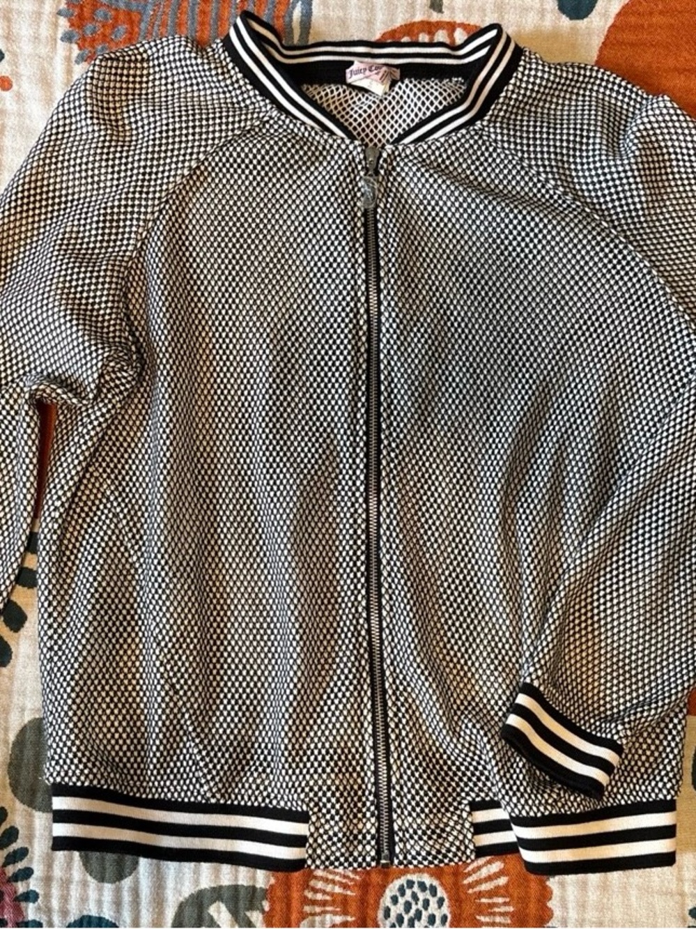 Juicy Couture Black & White Mesh Knit Zip-Up Bomber